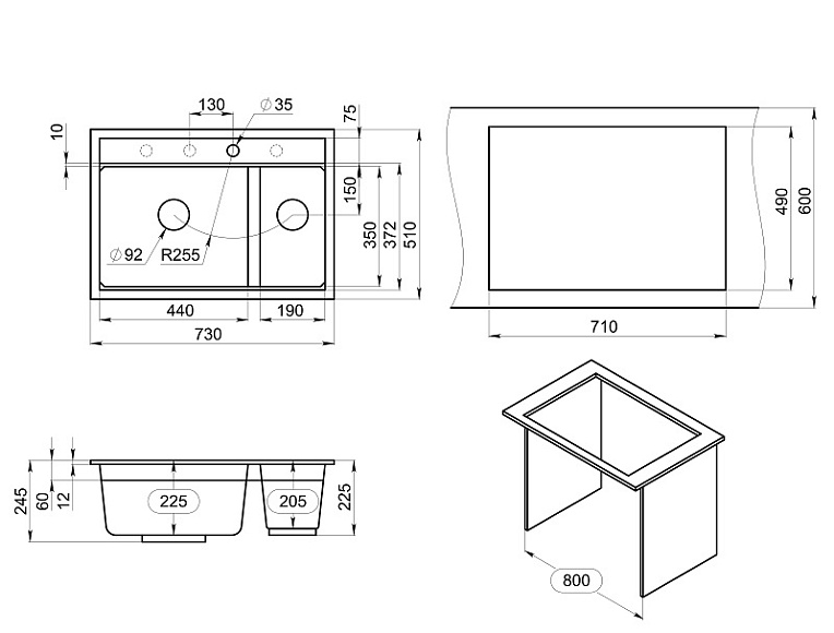 KS-7302, ШВАРЦ (чёрный металлик), кухонная мойка, кварц GRANULA 7302-ST335 - Вид №3