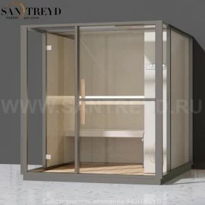 Effegibi LOGICA H LO30010001 Хаммам. Установка: к стене. Правая дверь. Мощность: 4,5 кВт макс. Размеры: длина 214 см, ширина 250 см. Отделка: матовый лакированный серый аллюминий и бежевый ламинат из керамогранита.