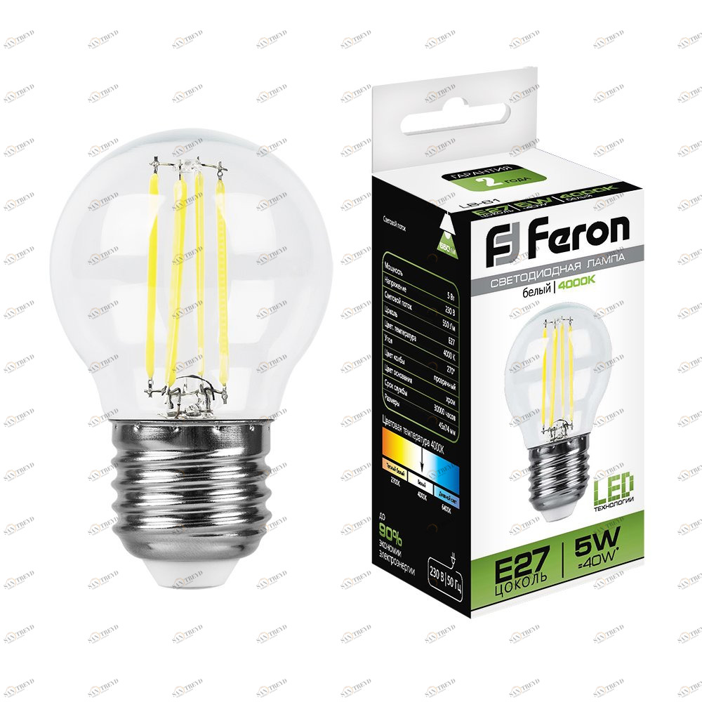 Лампа светодиодная Feron "Шарик" E27 5W 4000K LB-61 25582 FERON  00-3956780 Прозрачный 