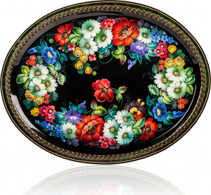 10618060 Жостовская фабрика декоративной росписи Поднос уникальный 67х53см "Лето" Сталь