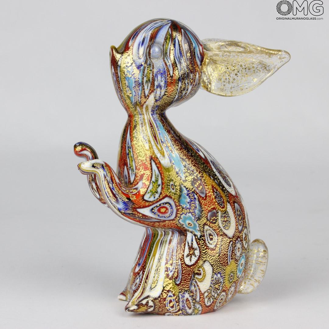2103 ORIGINALMURANOGLASS Фигурка кролика из муранского стекла с золотом и мурринами миллефиори  см  - Вид №1