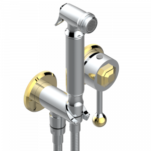 A58-5840/MBG Комплект для душа, включающий смеситель, армированный шланг 1 м 25 см, ручной душ с курковым распылителем, выход из стены и предохранительный запорный клапан Thg-paris Tradition с рукоятками Хром/золото