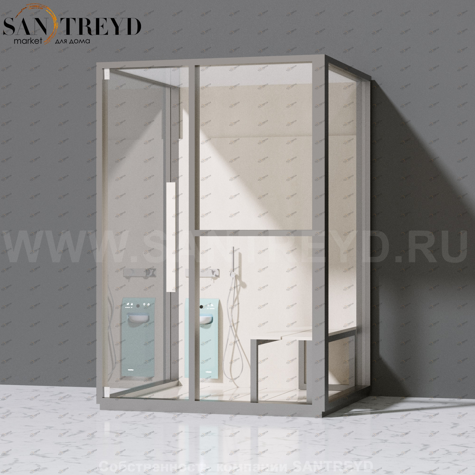 Effegibi H MEDIUM LO81010001 Комбинированная баня: хаммам и душ. Установка: к стене. Правая дверь. Мощность: 3 кВт макс. Размеры: длина 152 см, ширина 102 см. Отделка: матовый лакированный серый аллюминий и бежевый ламинат из керамогранита.