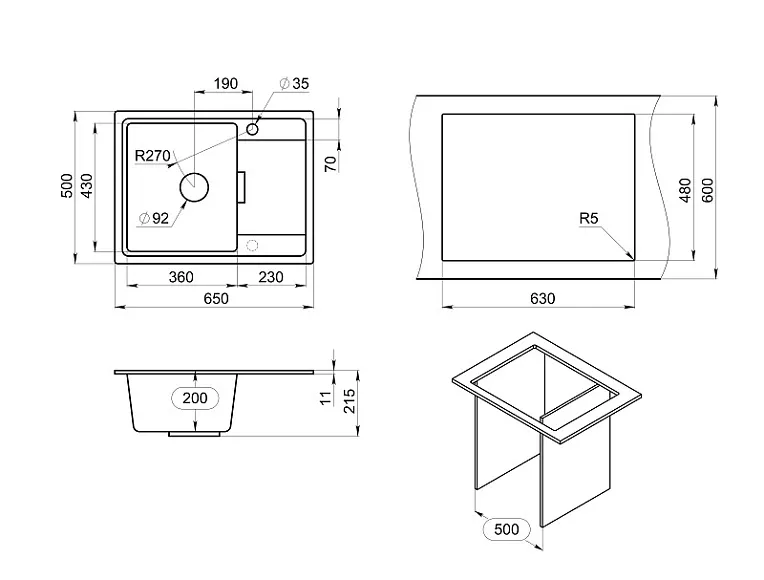6503, АРКТИК (БЕЛЫЙ), кухонная мойка, кварц GRANULA 6503-ST188 - Вид №3