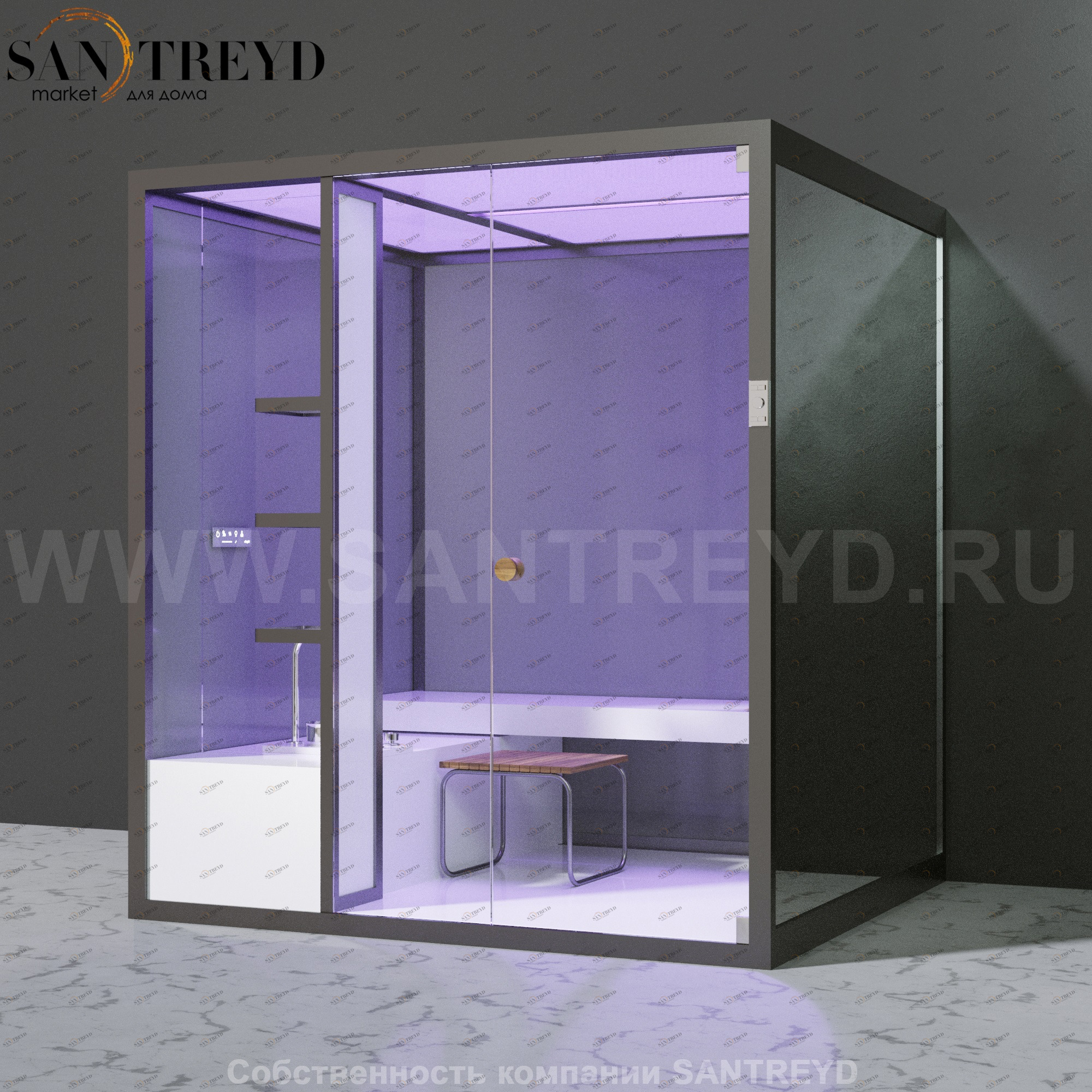 Effegibi BODYLOVE H BL30030007 Хаммам. Установка: к стене. Мощность: 7 кВт макс. Размеры: длина 200 см, ширина 176 см. Отделка: гладкое стекло и зеркало.