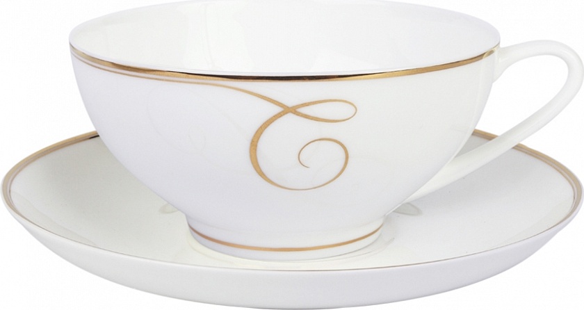 10537149 Императорский фарфоровый завод Чашка чайная с блюдцем "Золотые завитки" "Купольная" Фарфор костяной 