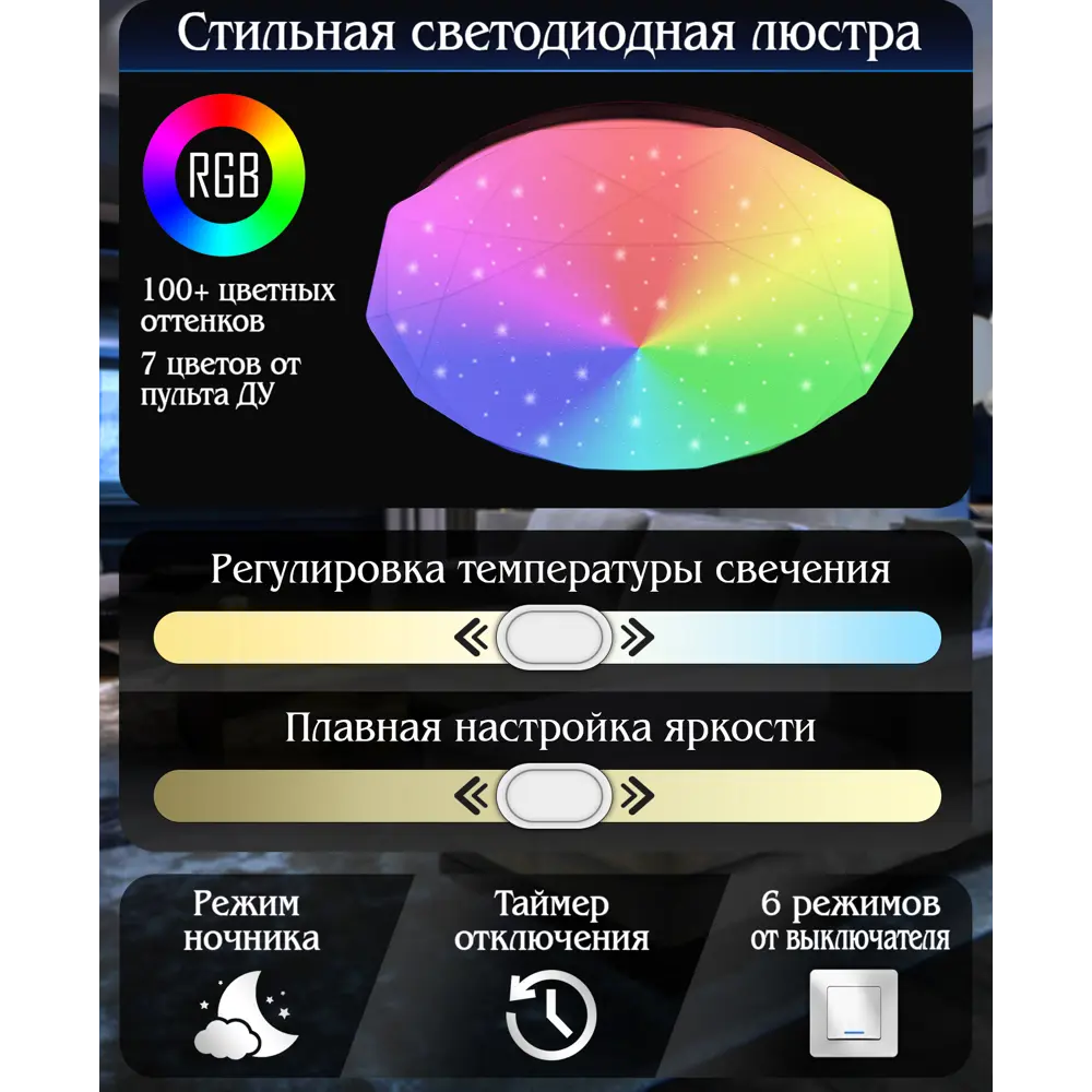 Светильник потолочный светодиодный с пультом управления 4 м² регулируемый цвет света цвет белый Natali Kovaltseva STLM-2138776 - Вид №2