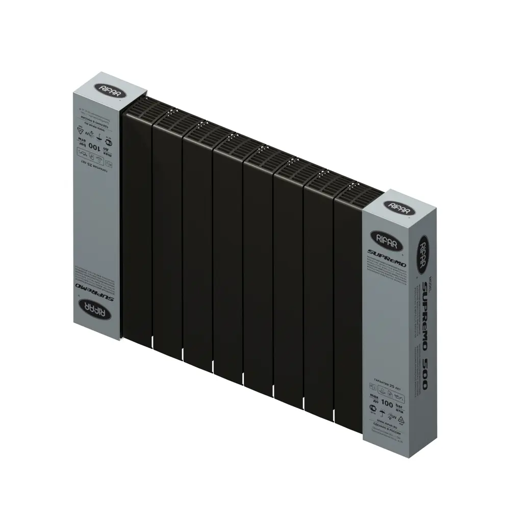 Радиатор секционный Rifar Supremo S50010RAL9005 500/90 10 секций боковое подключение биметалл черный STLM-2024053 - Вид №5