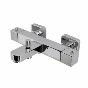 Настенный термостатический смеситель для ванны внешнего монтажа с восковым термостатическим элементом, соединениями 1/2 дюйма, запорным переключающим клапаном и плюсовым аэратором. Встроенный обратный клапан. Остановка безопасности при 38ºC. Межосевое рас