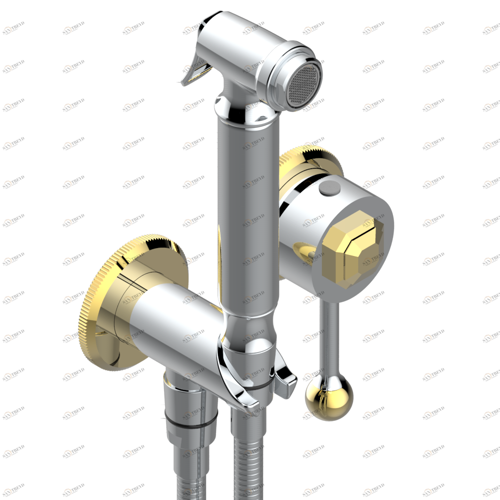 A58-5840/MBG Комплект для душа, включающий смеситель, армированный шланг 1 м 25 см, ручной душ с курковым распылителем, выход из стены и предохранительный запорный клапан Thg-paris Tradition с рукоятками Хром/золото A58 5840/MBG CAT.A
