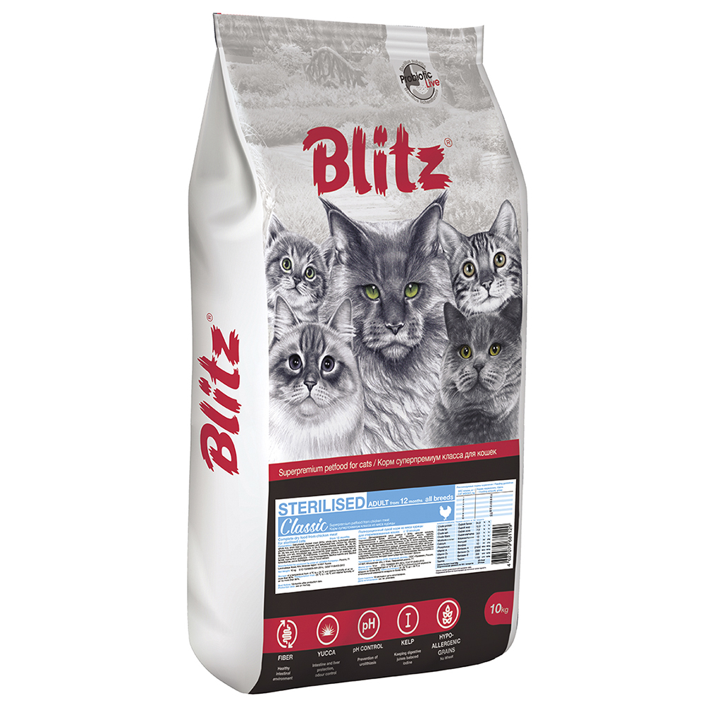 ПР0055577 Корм для кошек Classic для стерилизованных, курица сух. 10кг Blitz 