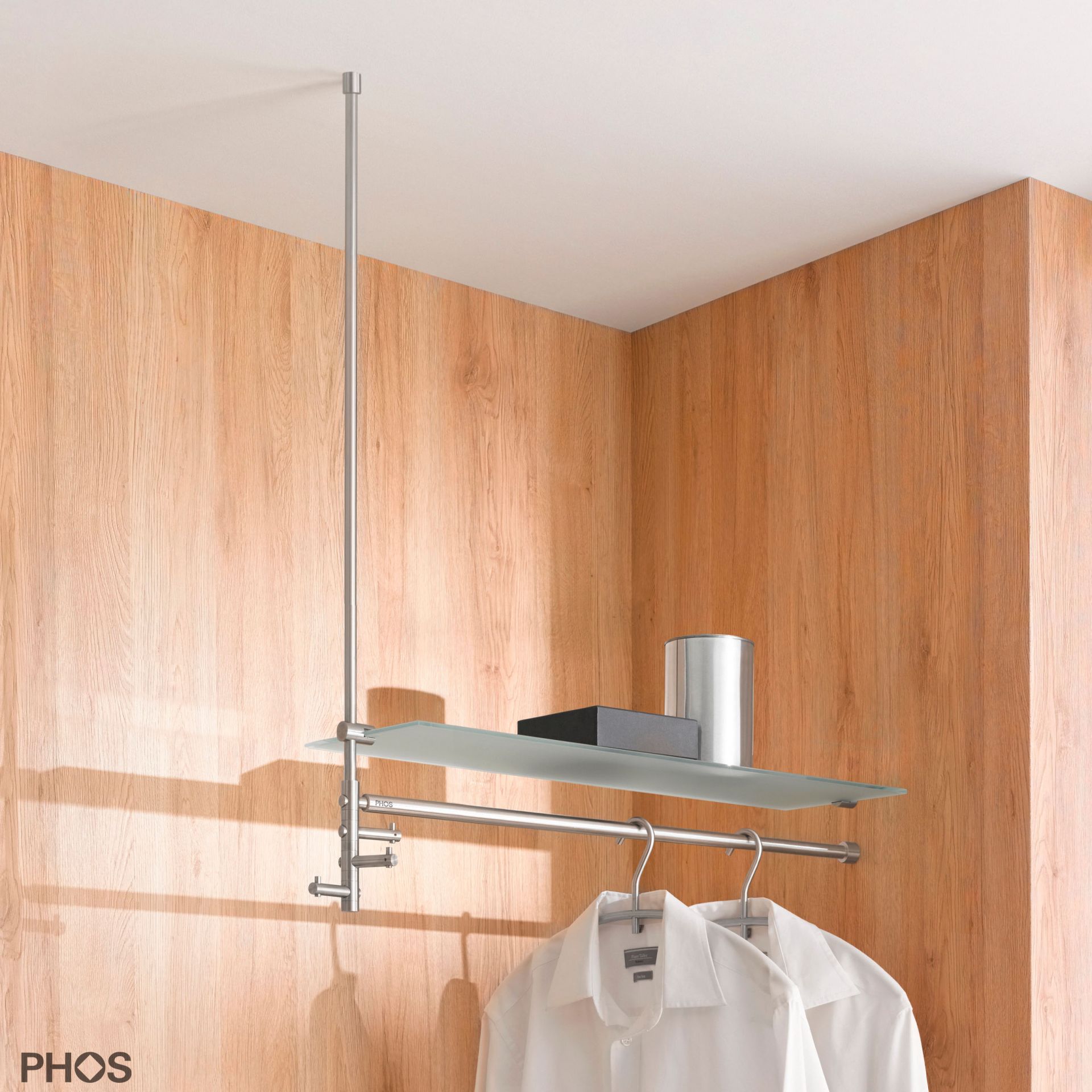 T3LG Подвесной шкаф с штангой для одежды, 3 вращающимися крючками и стеклянной полкой PHOS 