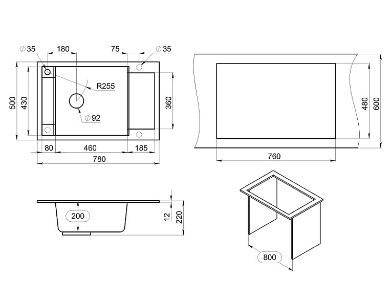 7806, ЧЁРНЫЙ, кухонная мойка, кварц GRANULA 7806-ST181 - Вид №3