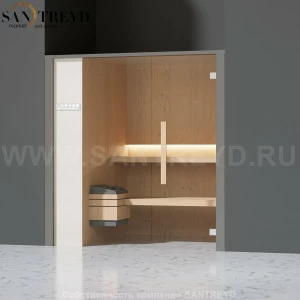 Effegibi ONEFILO S LO51010010 Сауна. Установка: в нишу. Левая дверь. Мощность: 4,5 кВт макс. Размеры: длина 214 см, ширина 171 см. Отделка: матовый лакированный серый аллюминий и бежевый ламинат из керамогранита.