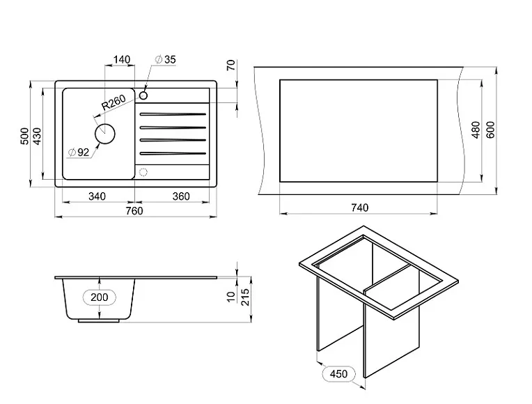 7602, КЛАССИК, кухонная мойка, СтандАРТ кварц GRANULA Standart 7602-ST03 - Вид №2