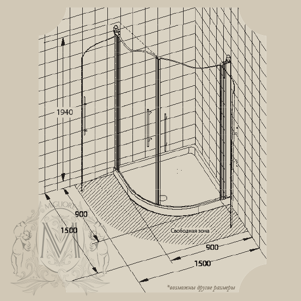 Душевой уголок MIGLIORE Diadema, 90 х 90 х 185 см, стекло матовое с декором ML.DDM-22.790.ST.DO - Вид №2