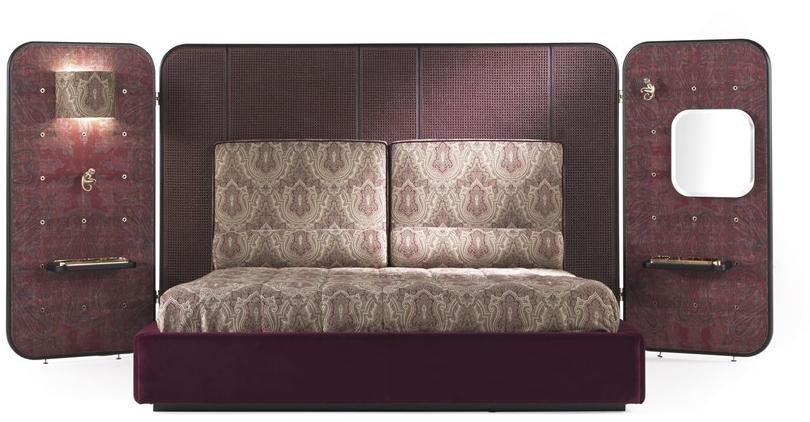 ETRO Home Interiors Двуспальная кровать со встроенными прикроватными тумбочками из дерева и бархата Timgad sun-id-1400636 - Вид №1