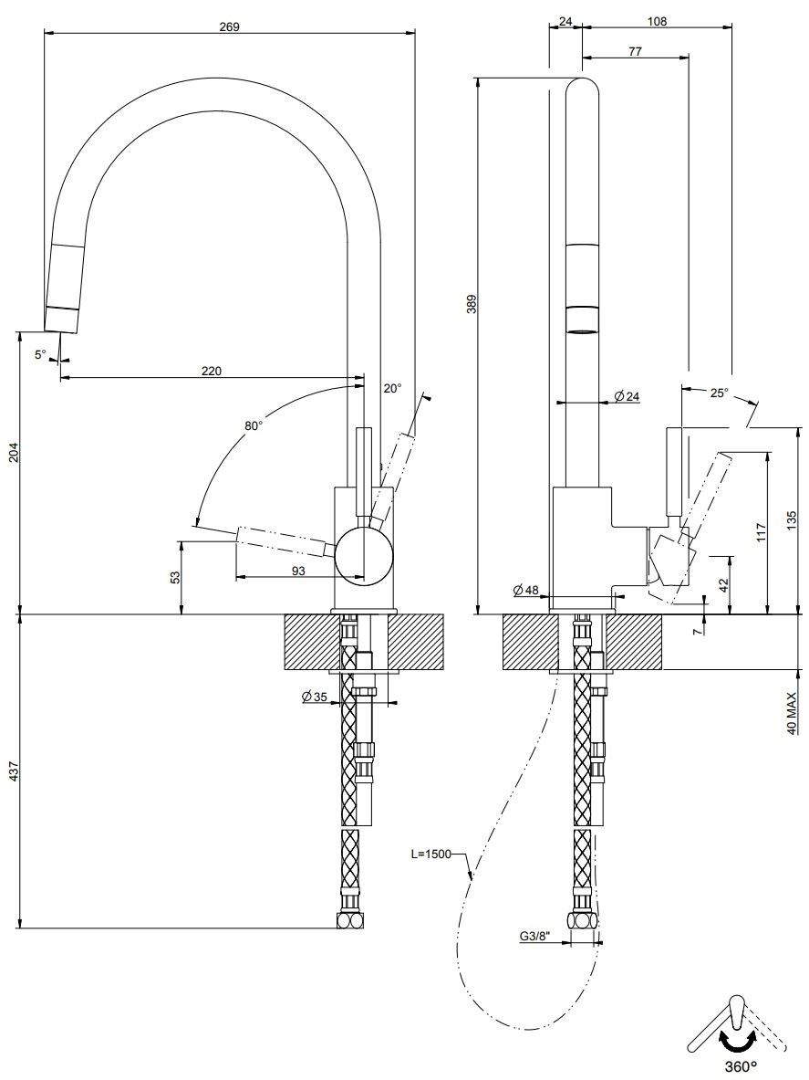 Смеситель для кухни из латуни со съемным ручным душем Gessi Neutron ARCH-00129815 - Вид №2