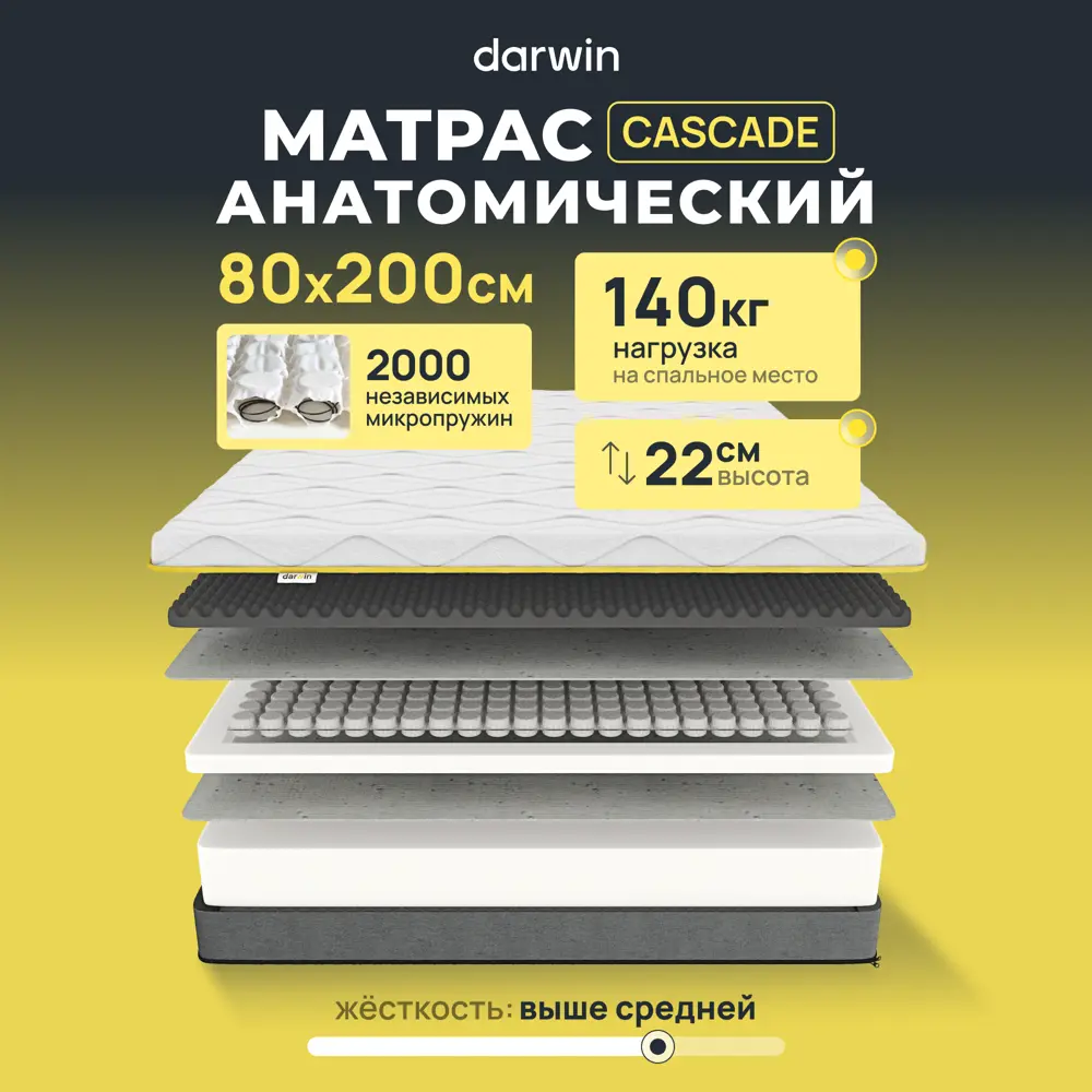 90960334 Матрас Darwin Cascade 80x200 см независимый пружинный блок, односпальный, жесткий STLM-1046535