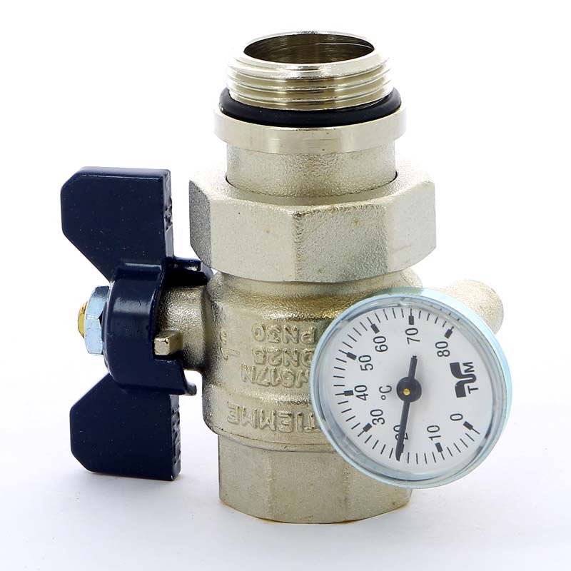 Кран шаровой НВ с разъемным соединением с термометром для коллектора TIEMME 1" бабочка синяя 2120042 - Вид №1