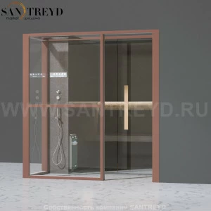 Effegibi LOGICAFILO H LO31030008 Хаммам. Установка: в правый угол. Левая дверь. Мощность: 4,5 кВт макс. Размеры: длина 214 см, ширина 250 см. Отделка: матовый лакированный коричневый аллюминий и темный ламинат из керамогранита.