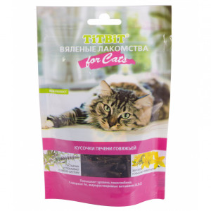 ПР0035381 Лакомство для кошек Вяленые Кусочки из говяжьей печени 60г TITBIT