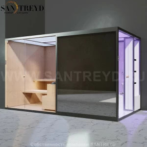 Effegibi BODYLOVE SH BL45110006 Боковая комбинированная баня: хаммам и сауна. Установка: в левый угол. Мощность: 15 кВт макс. Размеры: длина 393 см, ширина 176 см. Отделка: канадский хемлок, светлый керамогранит и зеркало.