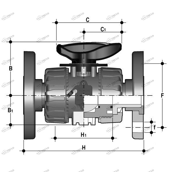 SANIT 354522210 2-ходовой шаровой кран d20-63, VKR DualBlock®, PVC-U, фиксированный фланец, FPM 