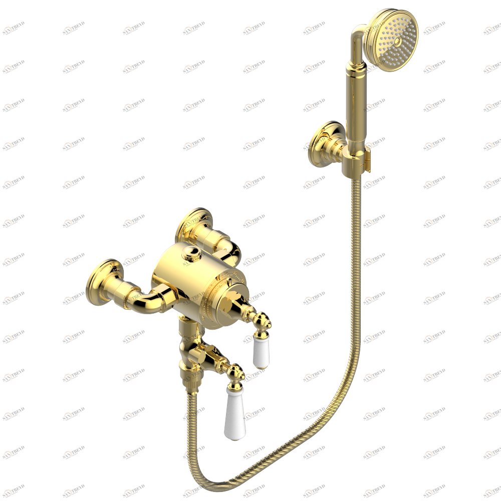 G28-2644TR Смеситель термостатический встраиваемый в стену для душа - межцентровое расстояние 150 мм Thg-paris 1900 с рукоятками Золото G28 2644TR CAT.F