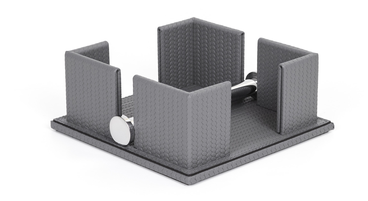 Салфетница - 24X24XH7 см/металлическая_хромовая отделка/серебристая кожа_серо-коричневый