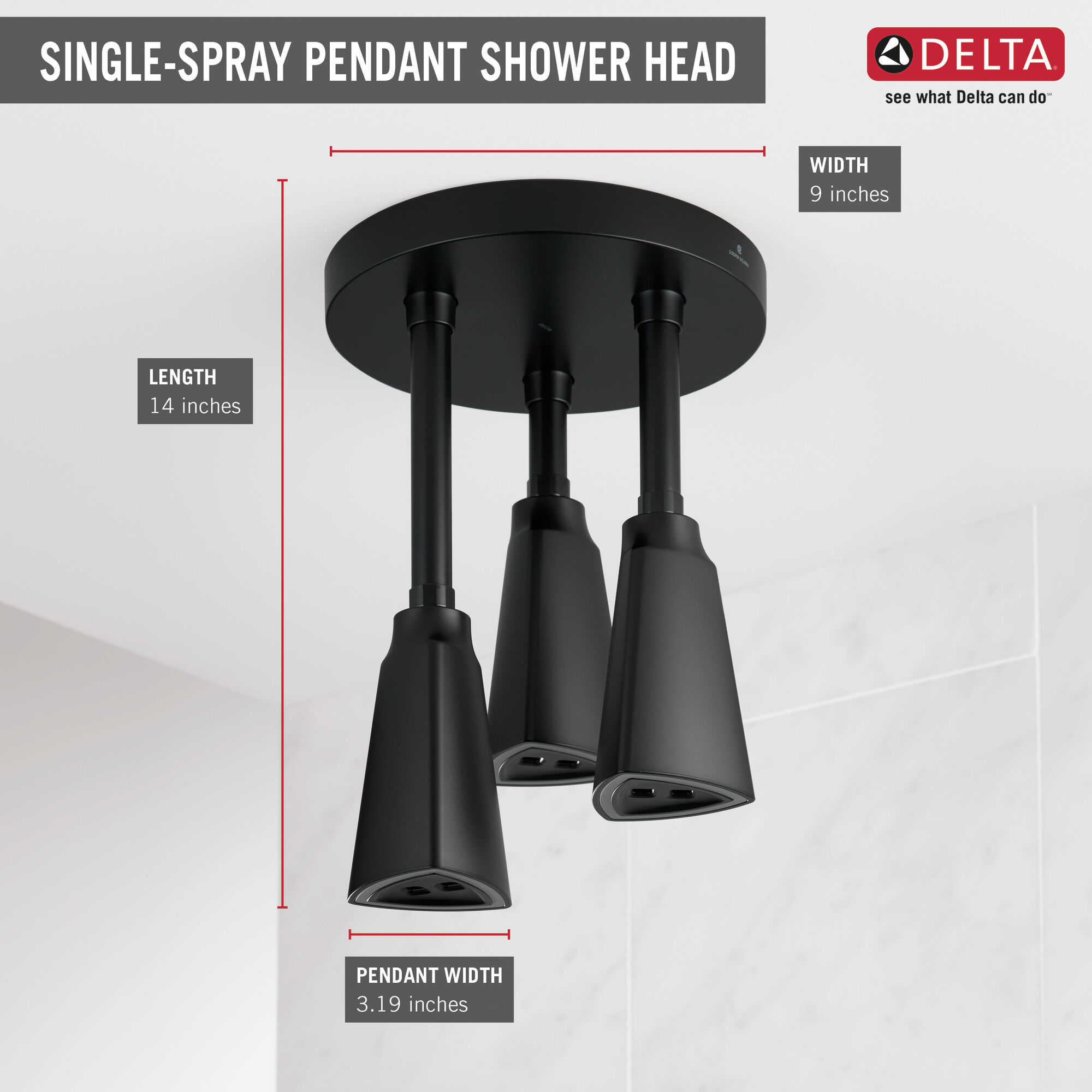 57140-BL25-L Подвесная душевая лейка Raincan со светодиодной подсветкой H2Okinetic® Delta Faucet Universal Showering Матовый черный  - Вид №4