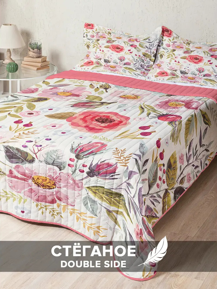 91378020 Покрывало с наволочками "Цветочное знакомство" 230x240 см, микрофибра, цвет красный, оливковый, песочный STLM-1048706