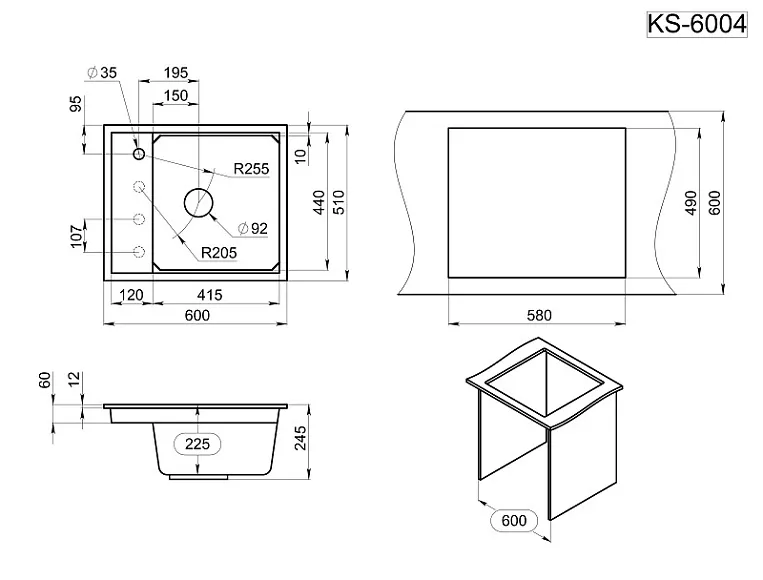 KS-6004, АЛЮМИНИУМ, кухонная мойка, кварц GRANULA 6004-ST300 - Вид №3