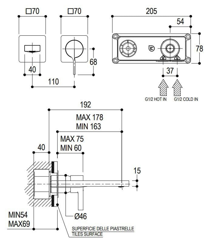 Хромированная латунь однорычажный настенный смеситель для раковины Ritmonio Tie ARCH-00026802 - Вид №2