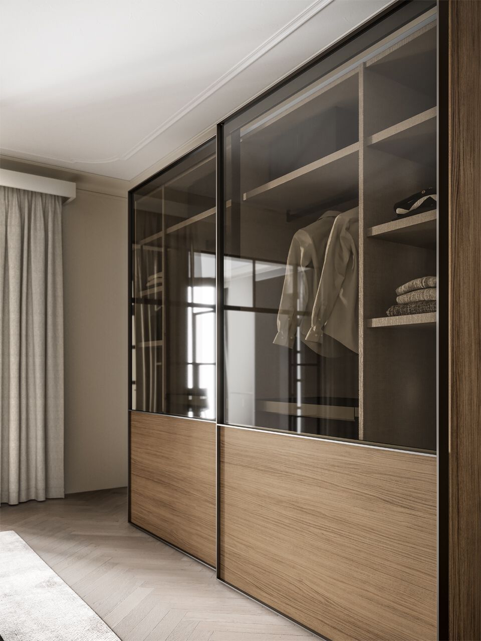 Секционный шкаф из дерева и закаленного стекла с раздвижными дверями Santalucia Mobili NUIT ARCH-00085279 - Вид №1