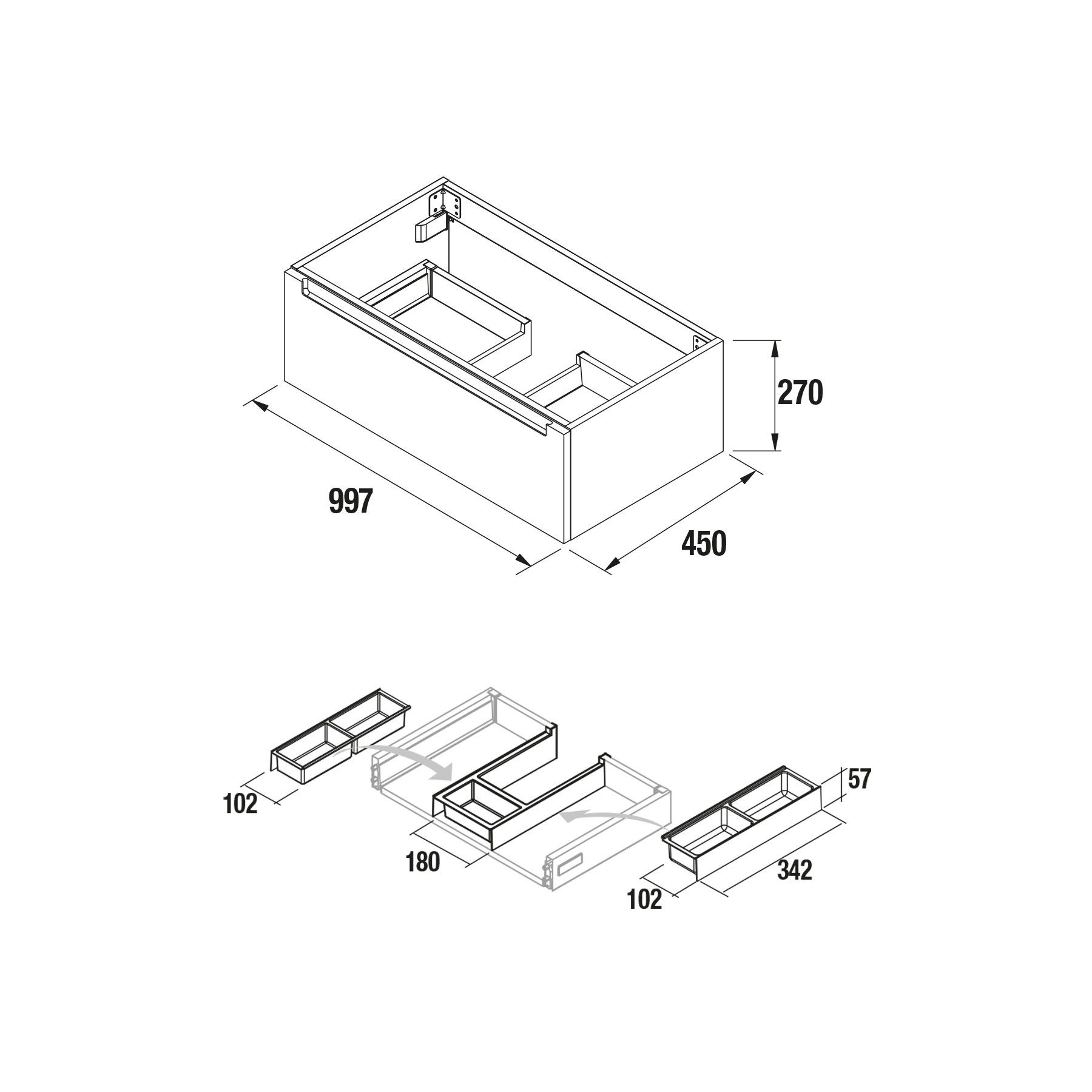 26657 SALGAR Мебель под умывальник MONTERREY 1000 1 металлический ящик GLOSS WHITE 997 x 270 x 450 мм Глянцевый белый  - Вид №1