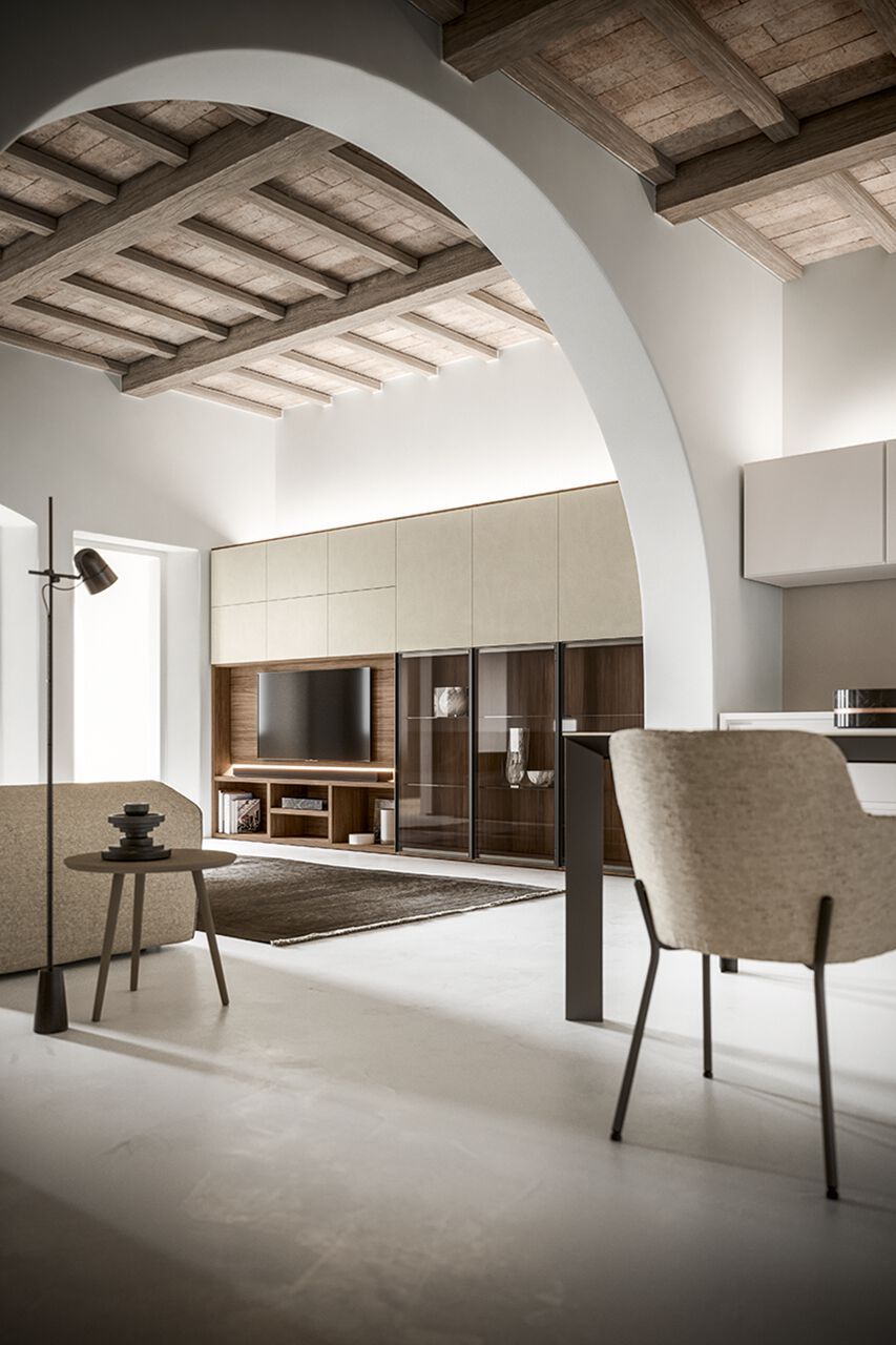 Деревянный секционный книжный шкаф с подставкой для телевизора Santalucia Mobili HND057 ARCH-00011322 - Вид №1