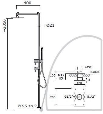 MINA Напольная душевая стойка из нержавеющей стали с душевой лейкой  0802t  - Вид №2