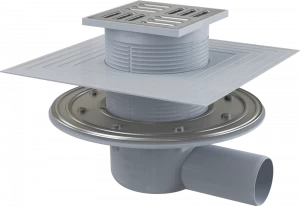 Сливной трап 105×105/50 мм боковой сток, решетка из нержавеющей стали, фланец из нержавеющей стали, воротник изоляции 2–го уровня, гидрозатвор комбинированный SMART