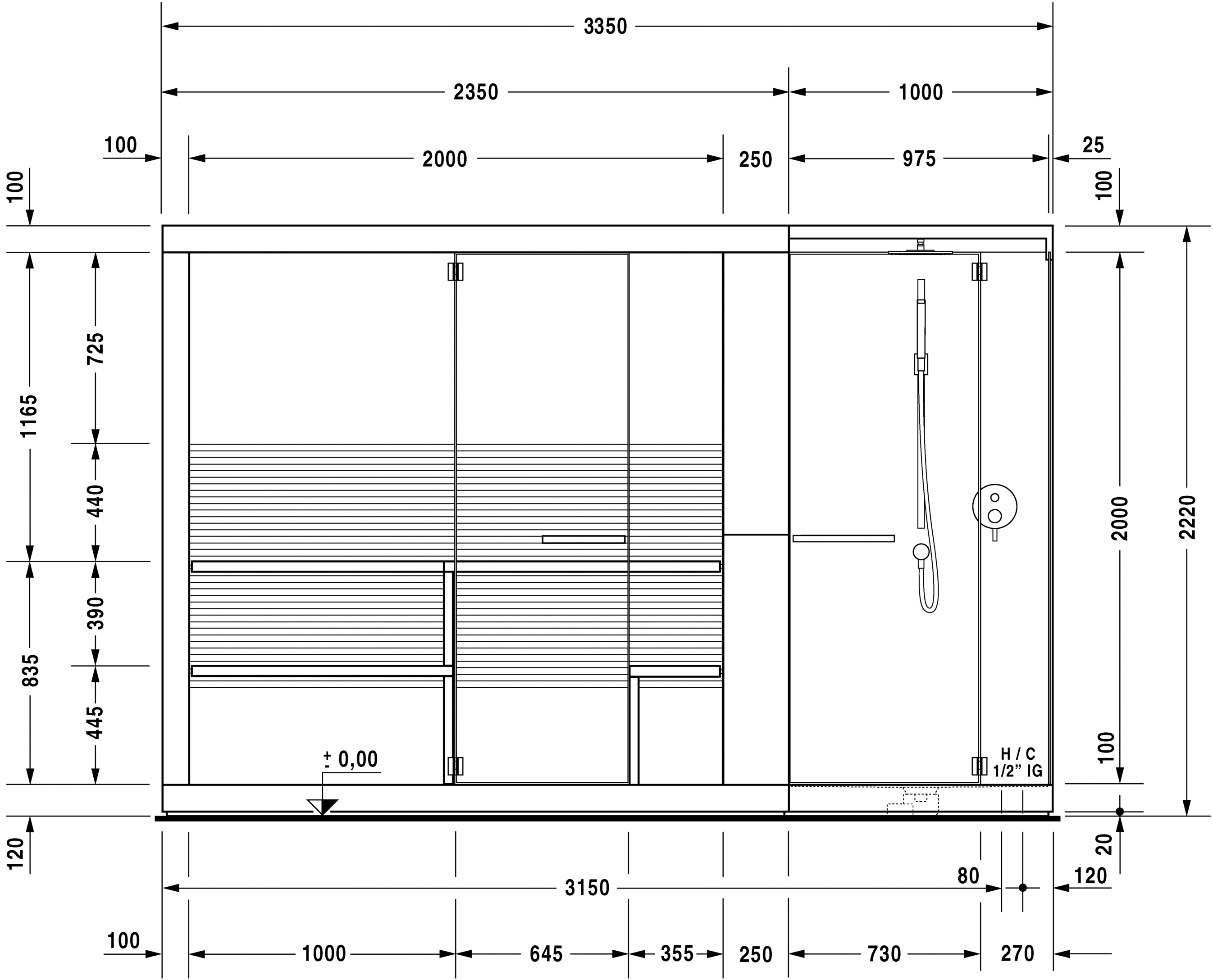 7507..002011000 Сауна Inipi Ama, пристенный и угловой вариант Inipi #7507 3350 x 1170 x 2220 мм Белый глянцевый декор Duravit  - Вид №3