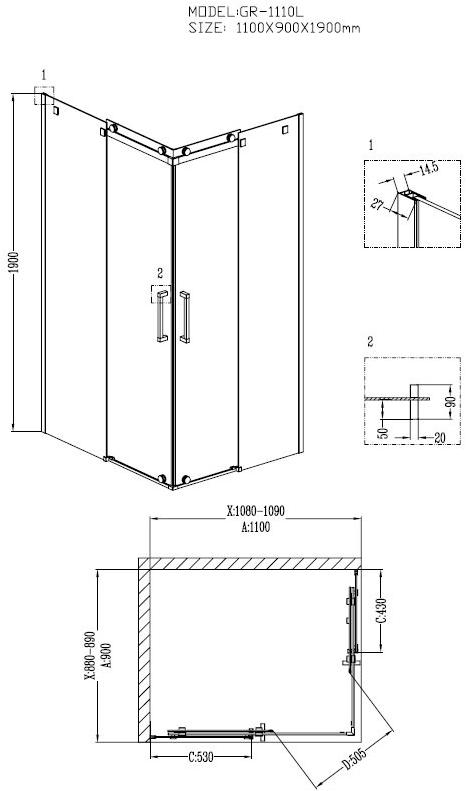 Душевое ограждение GROSSMAN GR-1110L Cosmo 110*90*190 прямоугольник, двери раздвижные - Вид №1