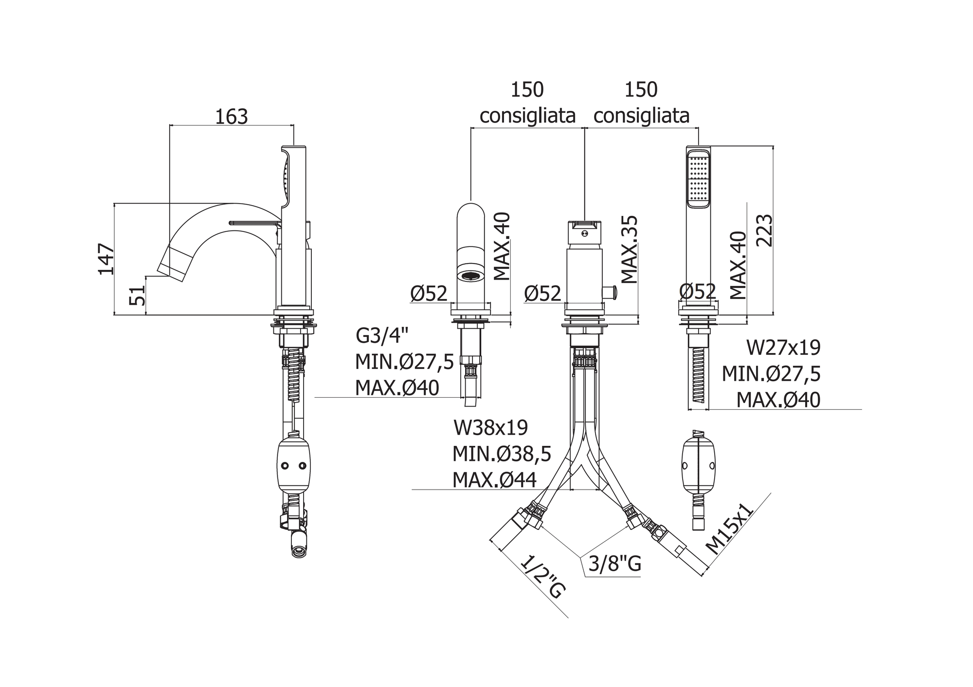 Смеситель на борт ванны с ручным выдвижным душем CEZARES FUOCO-BVD-01 - Вид №1