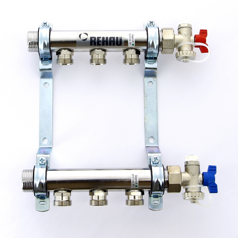 Коллекторная группа из нержавеющей стали с воздухоотводчиком REHAU 1"х3/4" 3 вых HLV 110204