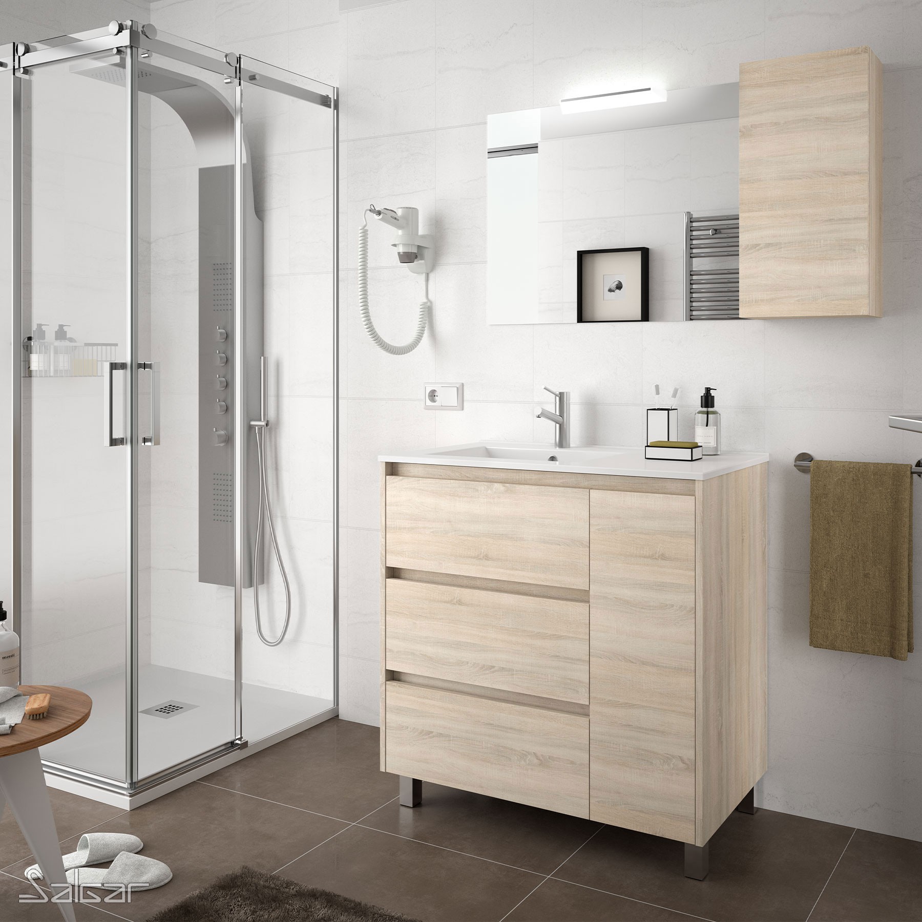 85123 SALGAR Комплект мебели для ванной ARENYS 855 OAK CALEDONIA + Раковина + Зеркало + Свет Дуб Каледония