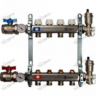 Распределительный коллектор из нерж. стали STOUT в сборе 3/4" х 1/4" х 4 выхода без расходомеров SMS0912000004
