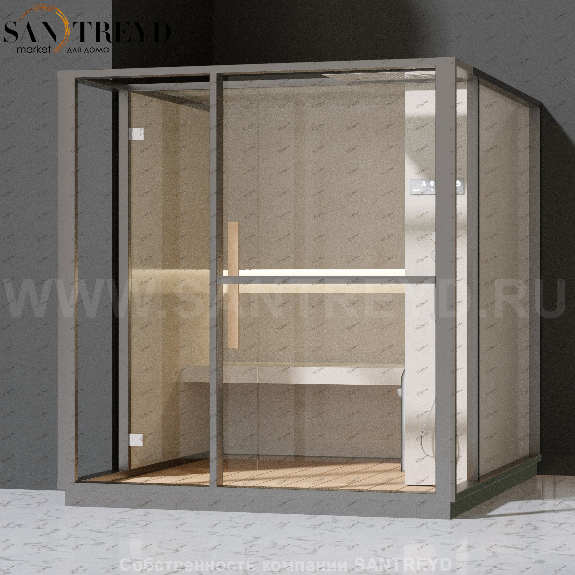 Effegibi LOGICA H LO30010013 Хаммам. Установка: в левый  полуугол. Правая дверь. Мощность: 4,5 кВт макс. Размеры: длина 214 см, ширина 250 см. Отделка: матовый лакированный серый аллюминий и бежевый ламинат из керамогранита.