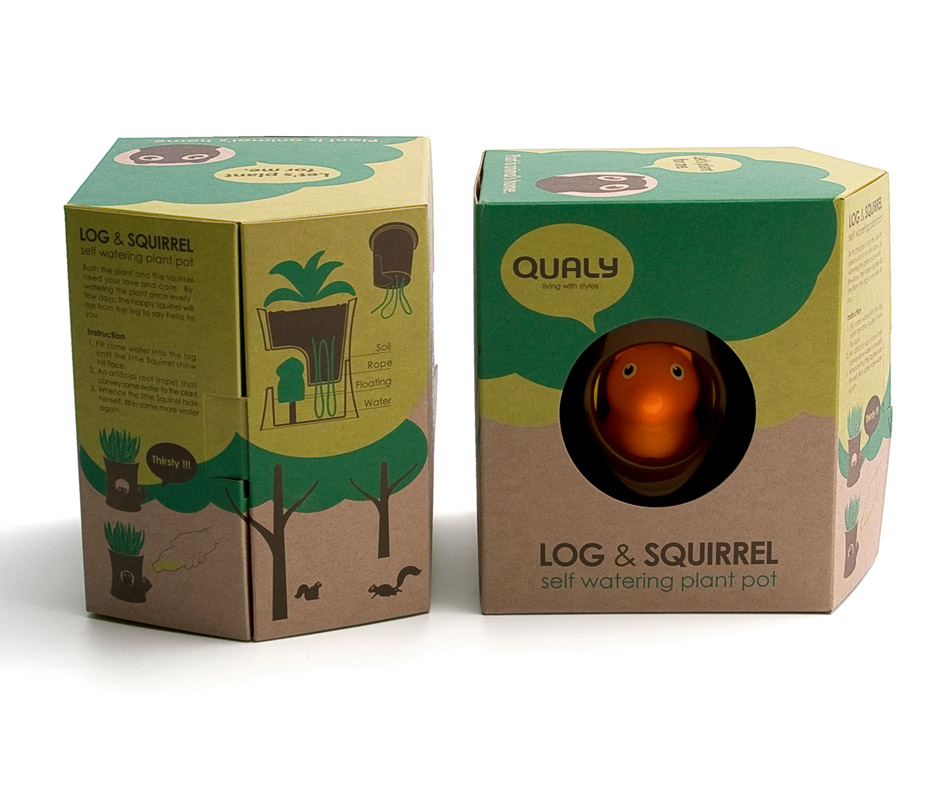 QL10075-BN-GN Горшок самополивающийся log&squirrel коричневый-зеленый Qualy  - Вид №6