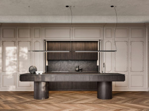 Дубовая островная кухня с мраморной столешницей