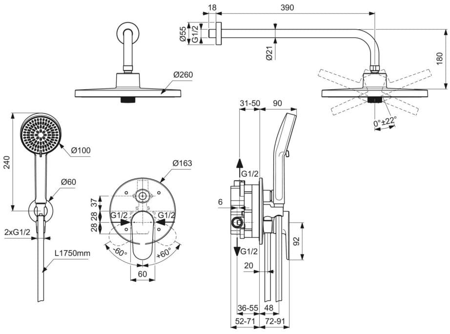 Однорычажный 4-луночный встраиваемый набор для душа Ideal Standard CERAFINE O ARCH-00061336 - Вид №2