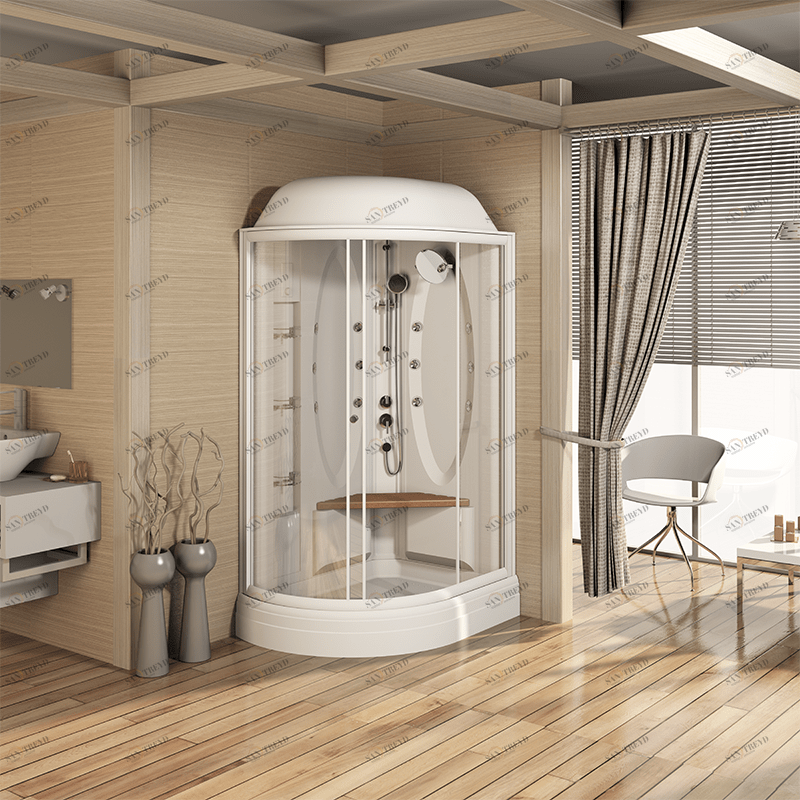 Душевая кабина "ГРАНД" (левое исполнение), поддон на раме-подставке с устройством слива, боковые стенки, центральная стойка, стеклянные шторки (матовые), смеситель, 3 стеклянные полочки, душевая лейка, сиденье Radomir 1051101161